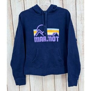 Marmot‎ Men's Hoodie Large Navy Blue Retro Logo Pullover Sweatshirt Cotton Blend
